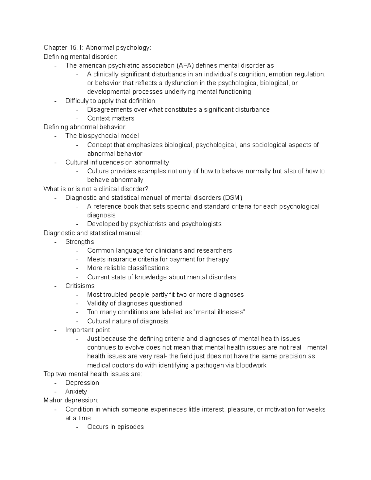 notes psychology Chapter 15 Abnormal psychology Defining mental