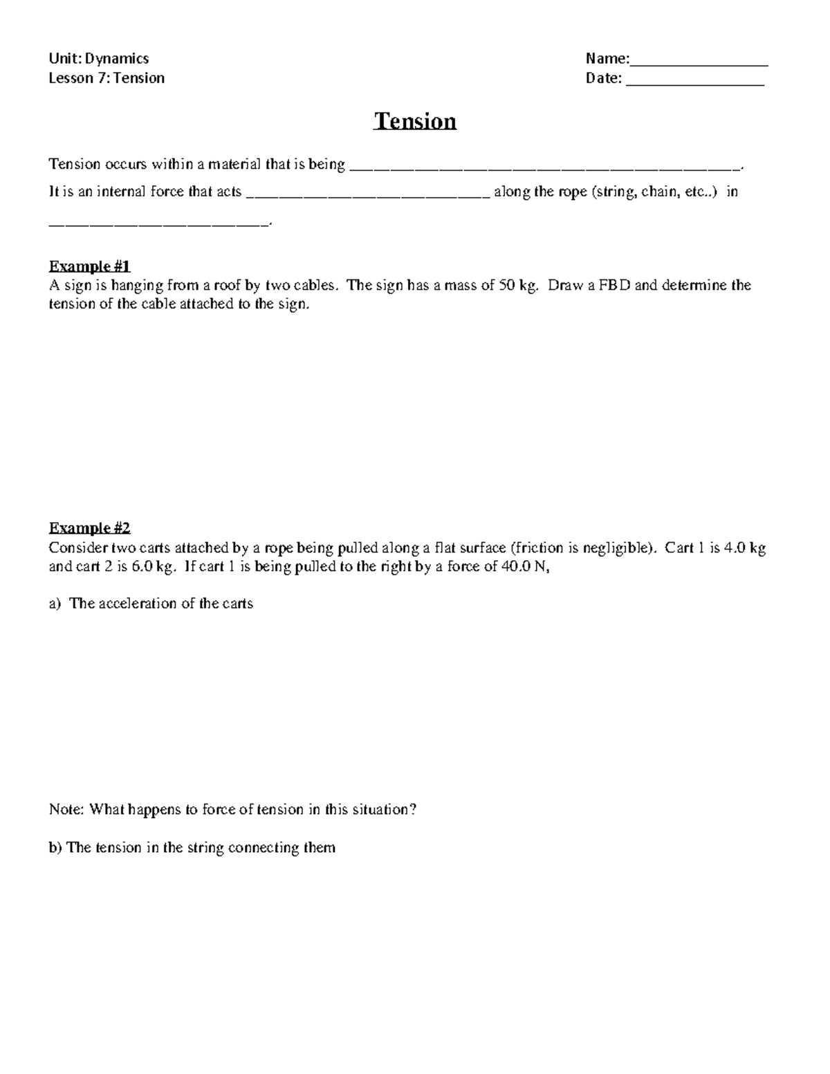 Tension notes physics 10 - Lesson 7: Tension Date ...