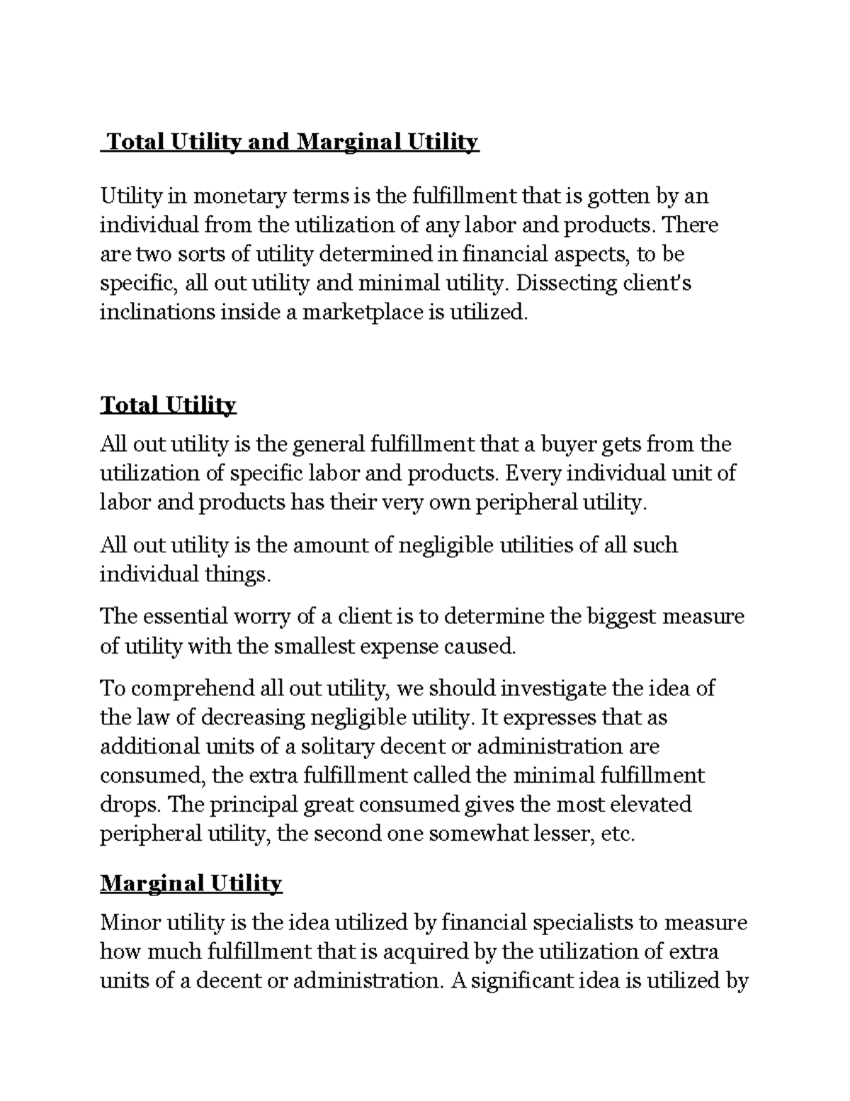 Total Utility Example Table