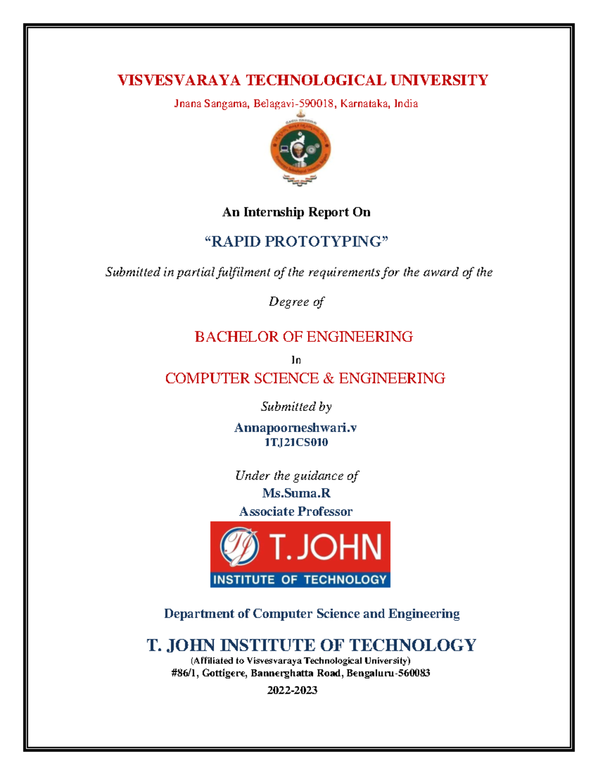 Internship report - Suma Associate Professor Department of Computer ...