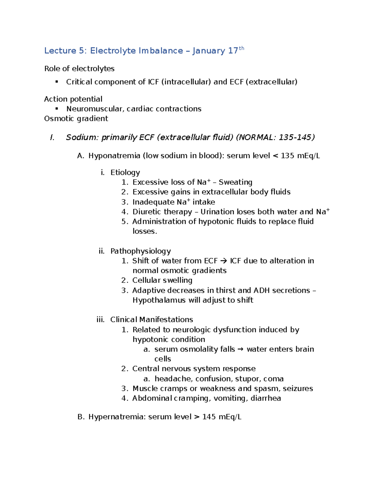 Lecture 5 - Electrolyte Imbalance - Sodium: primarily ECF ...