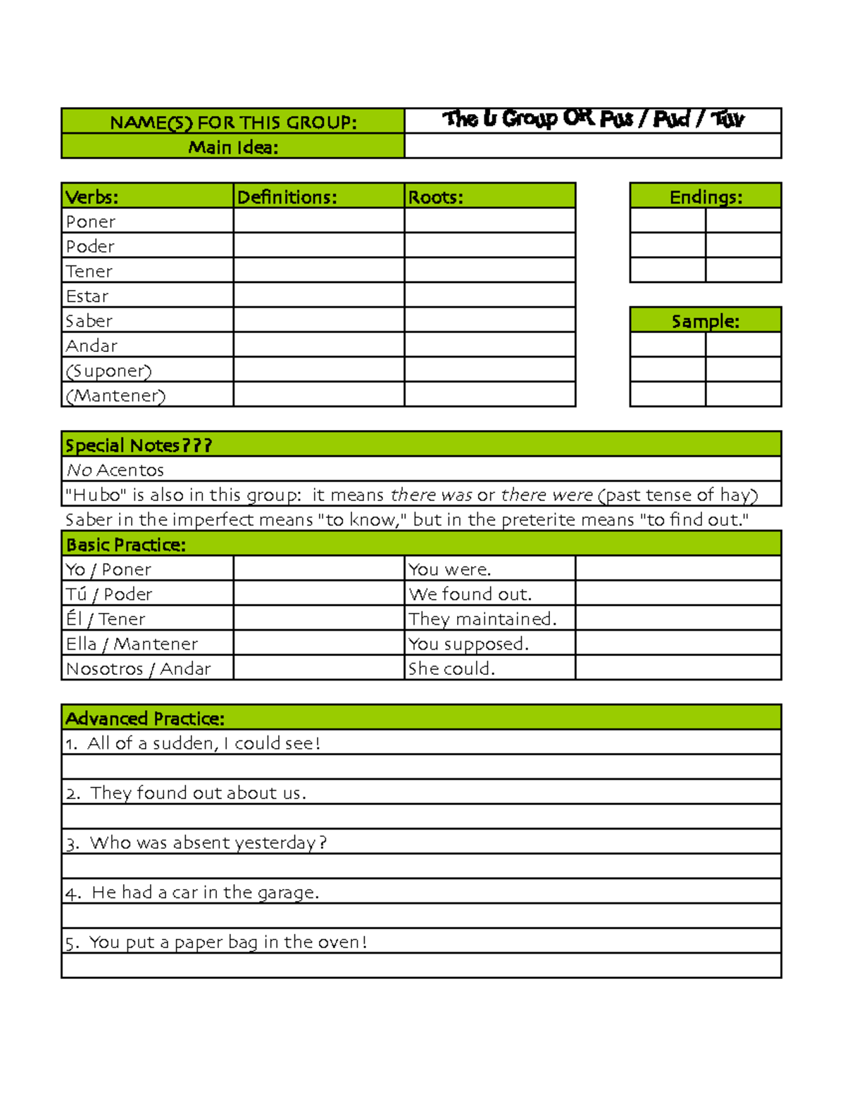 U Group Preterte Notes Guide - Verbs: Definitions: Roots: Poner Poder ...