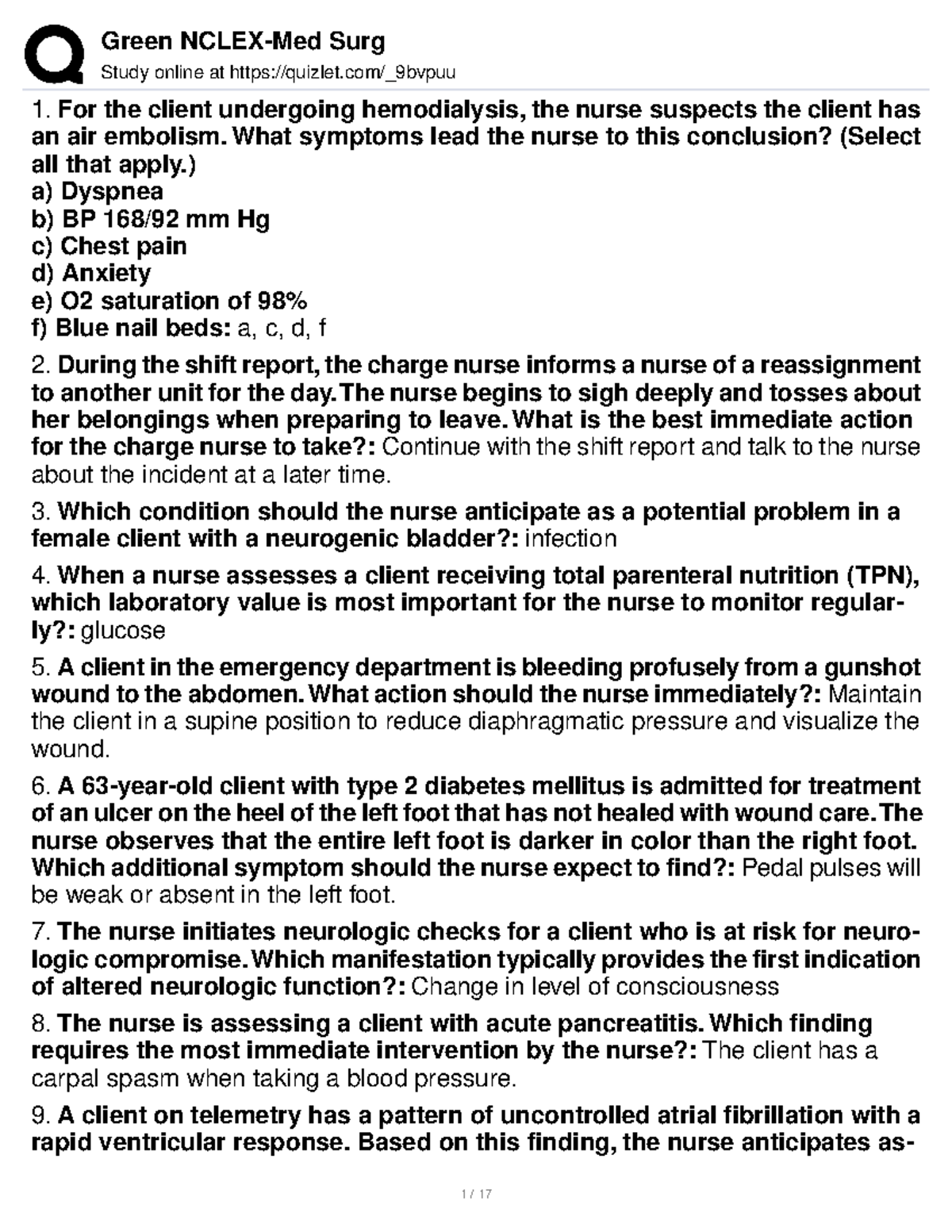 Green Book Nclex MedSurg Study online at quizlet/_9bvpuu For the