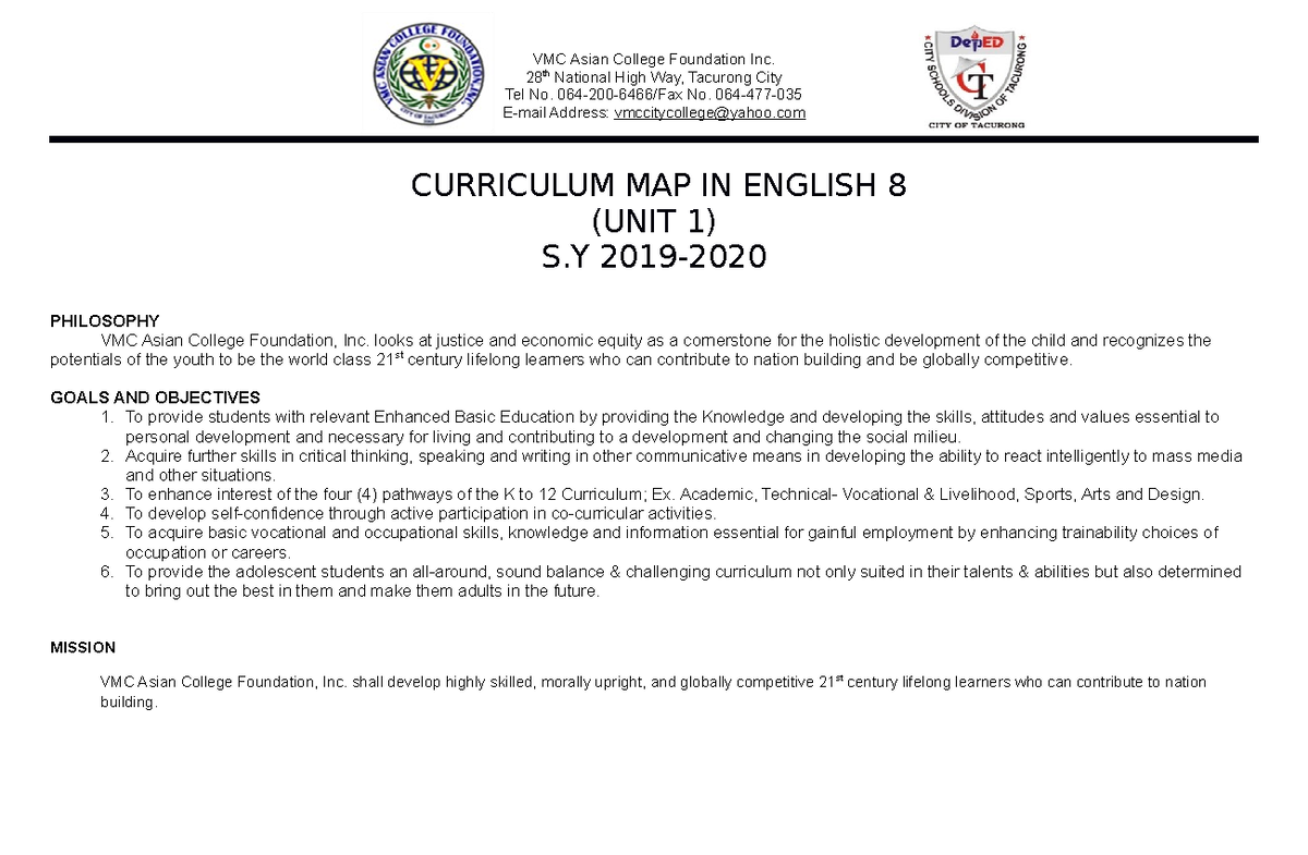 S - CURRICULUM MAP IN ENGLISH 8 (UNIT 1) S.Y 2019-2020 - VMC Asian ...