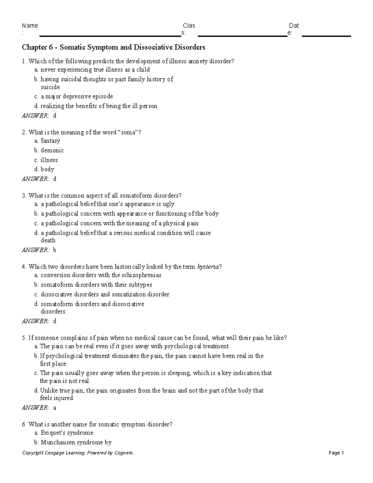 Chapter 6 Somatic Symptom and Dissociative Disorders - : s: e: Chapter ...