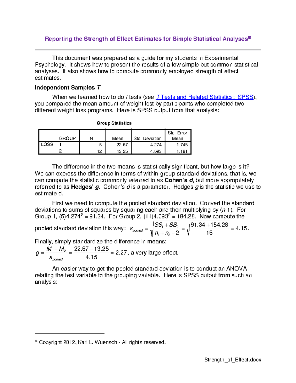 Reporting the Strength of Effect Estimates for Simple Statistical ...