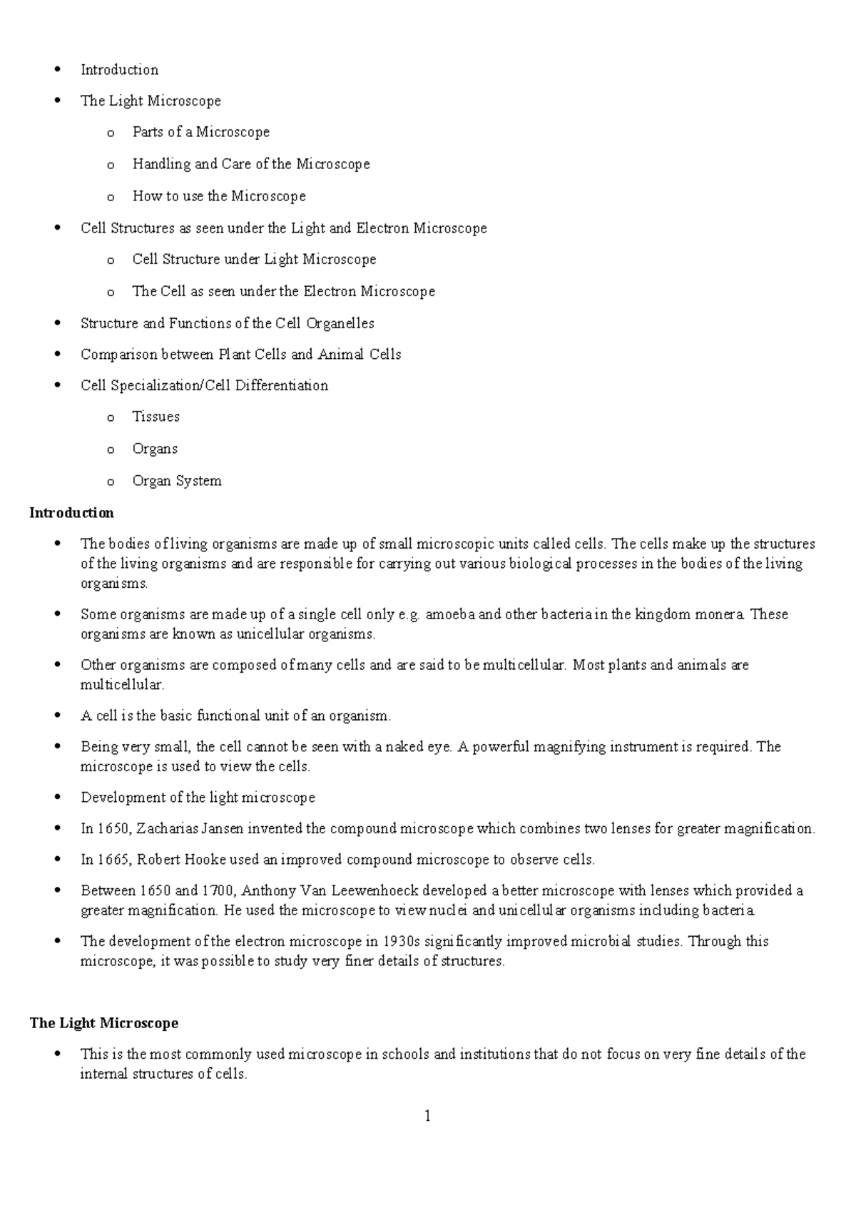 Biology F1 - Introduction The Light Microscope o Parts of a Microscope ...