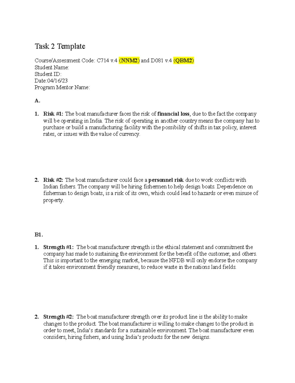 C714-D081 Task 2 DONE - PASSED - Task 2 Template Course/Assessment Code ...