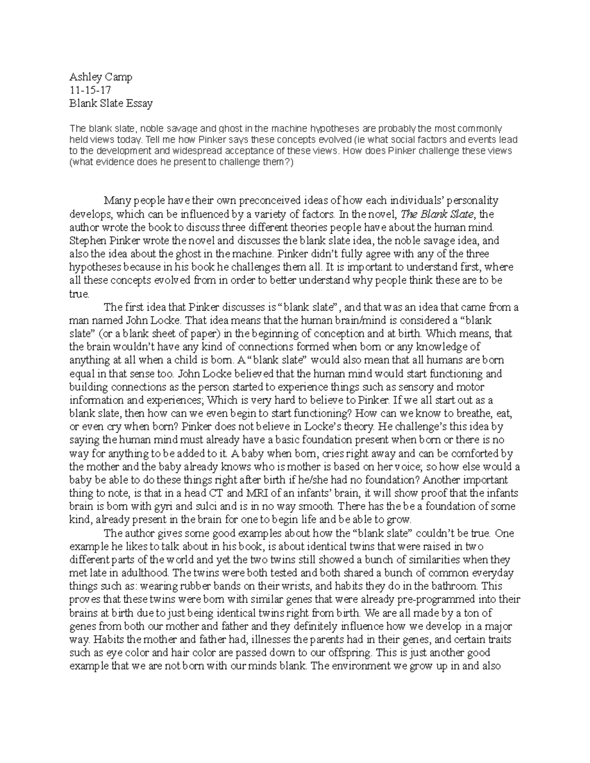 5 Blank Slate Essay - Ashley Camp 11-15- Blank Slate Essay The blank ...