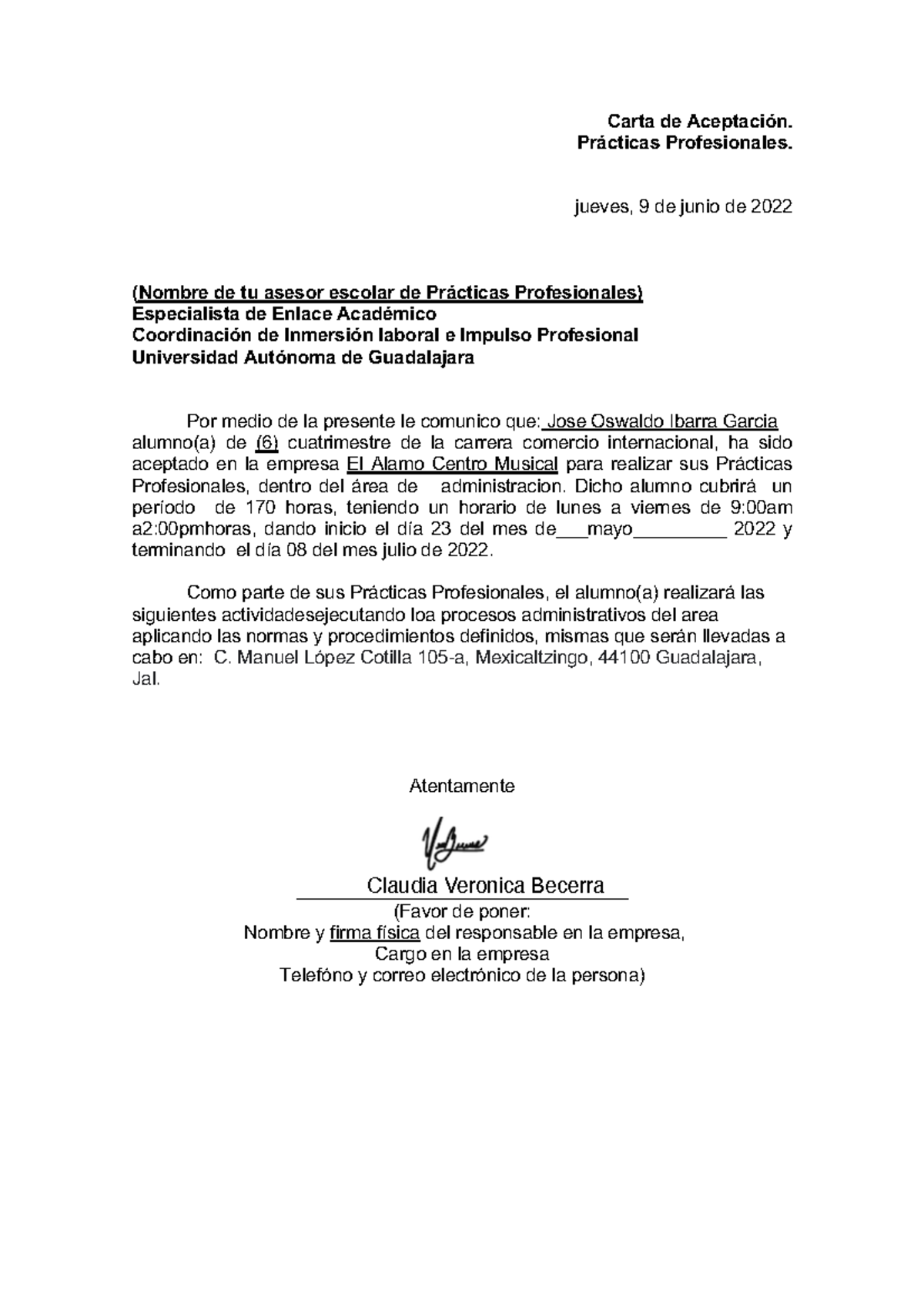 Formato Carta De Aceptaci Ã³n 1 1 Carta De Aceptación Prácticas Profesionales Jueves 9 2903