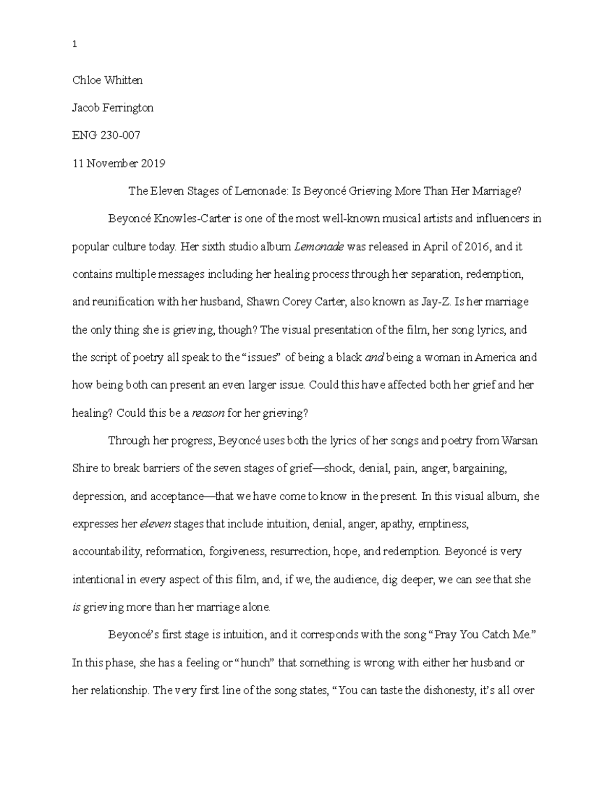 Beyonce’s Lemonade Literary Analysis ENG 230 copy Chloe Whitten Jacob