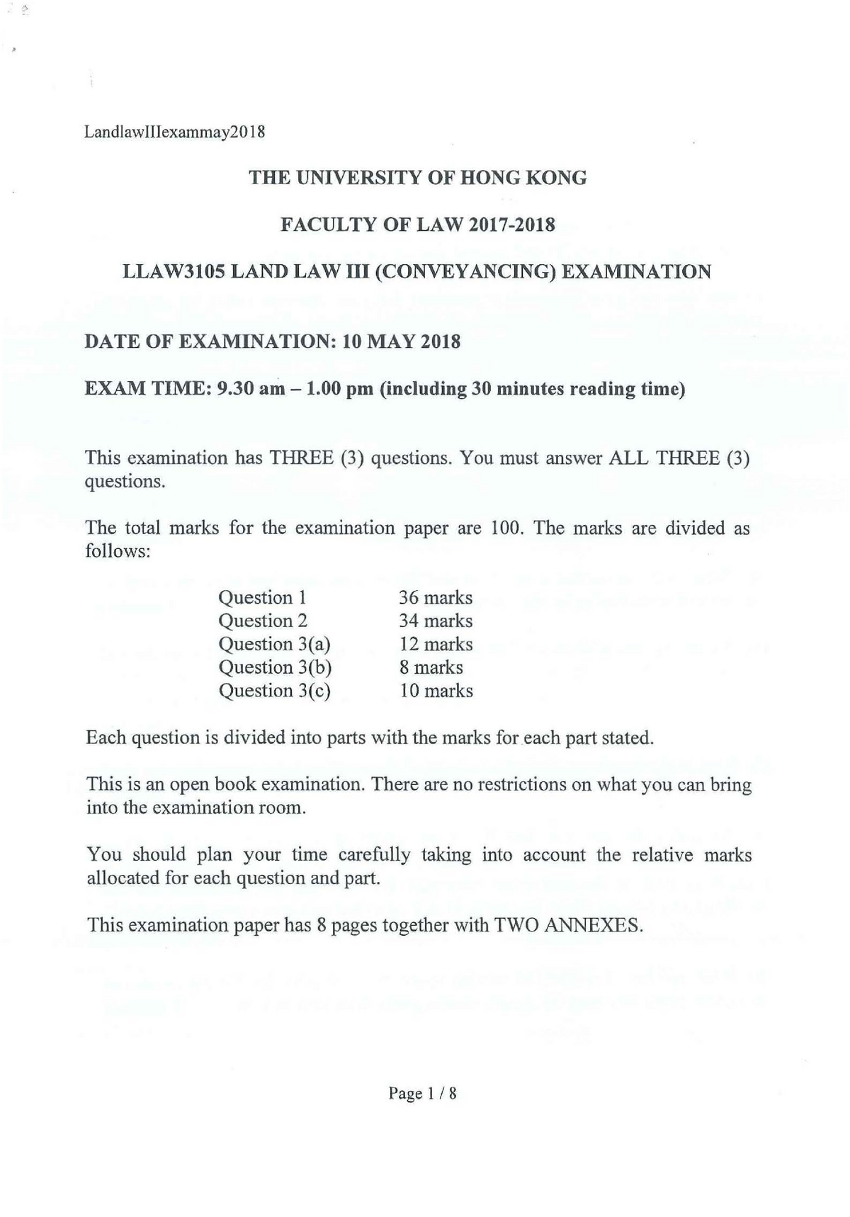 Exam 2018, Questions -' LandlawIIIexammay THE UNIVERSITY OF HONG KONG ...