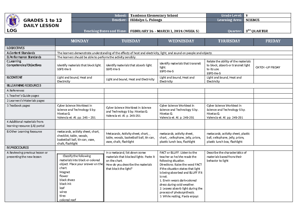 DLL Science 5 Q3 W5 - DLL - GRADES 1 to 12 DAILY LESSON LOG School ...