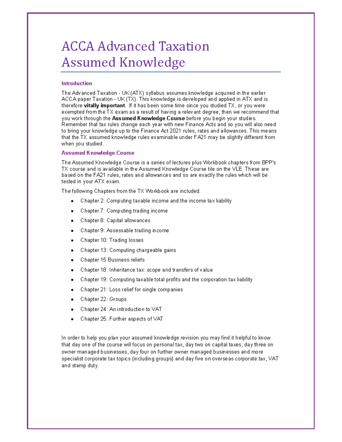 Assumed Knowledge ATX FA21 for BPP students 5 day course - ACCA ...