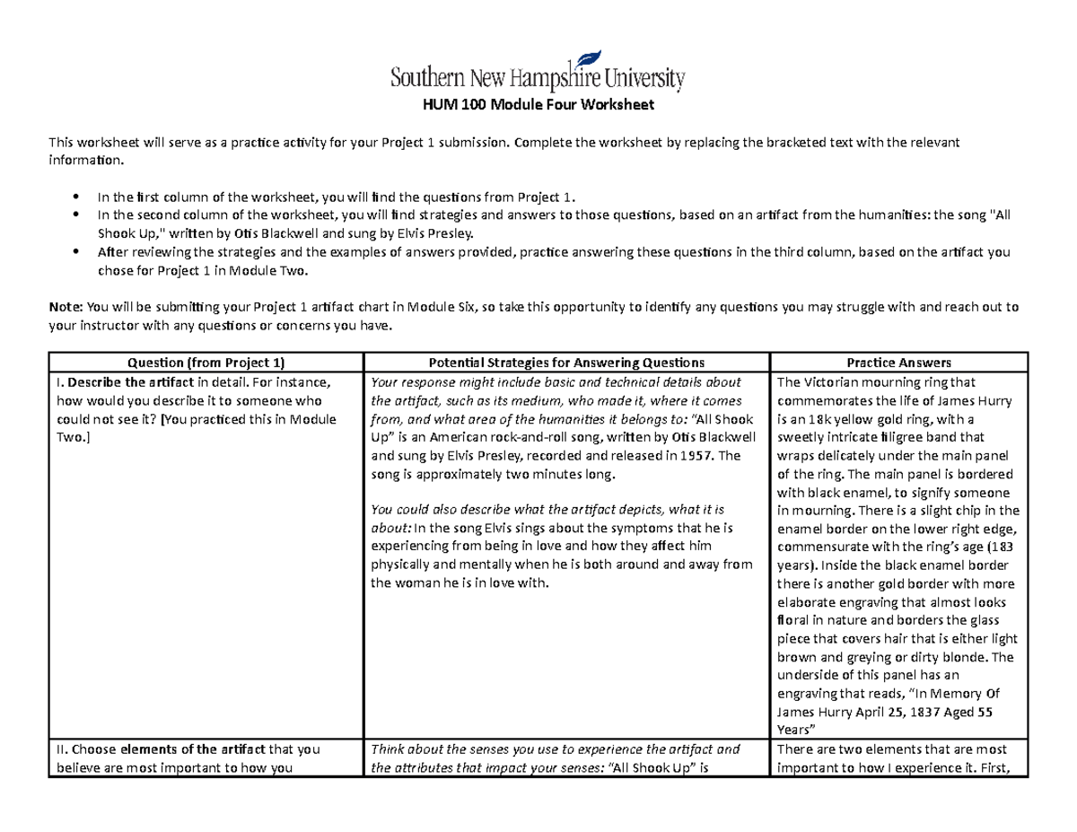 4-2 Worksheet Artifact Chart Project 1 Practice - HUM 100 Module Four ...