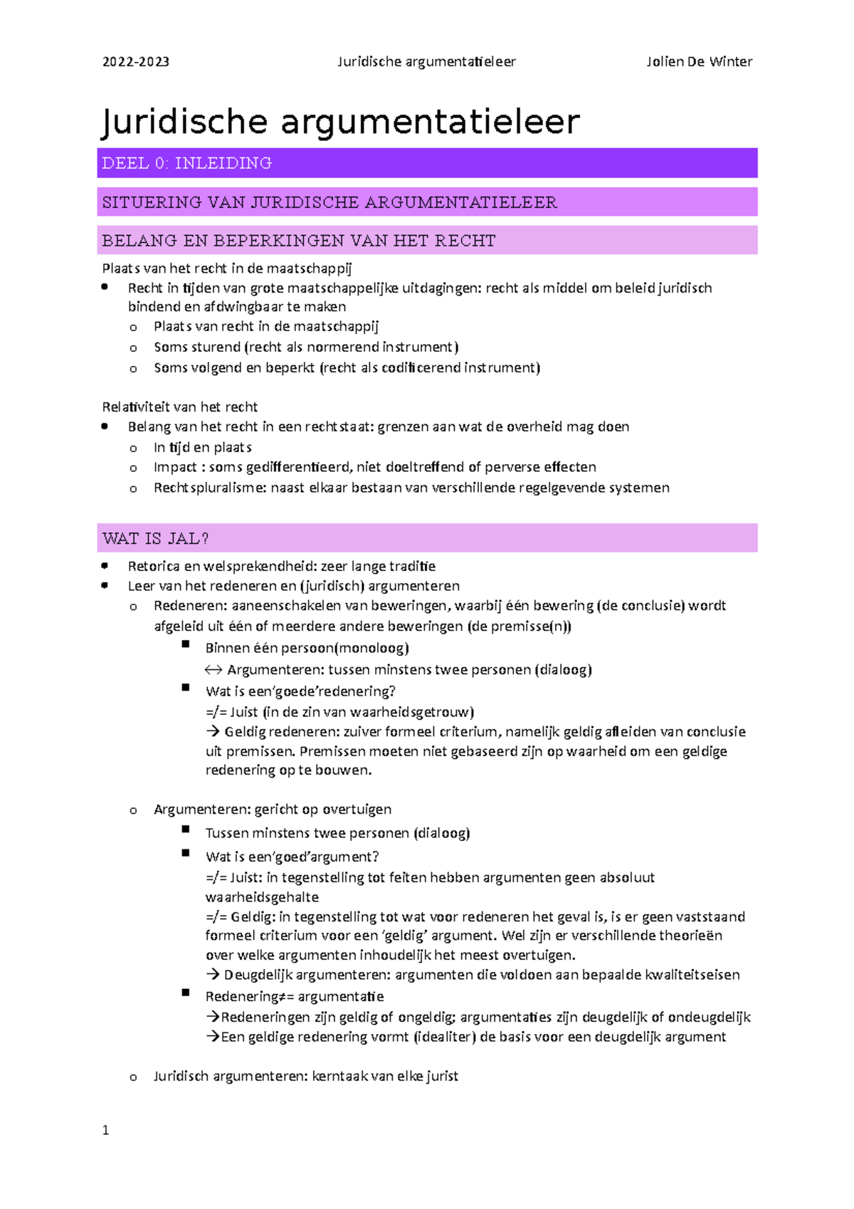 Samenvatting Juridische Argumentatieleer 2022-2023 - Juridische ...