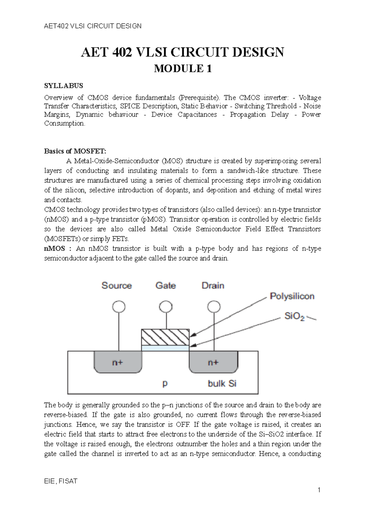 VLSI MOD1 - AET402 VLSI CIRCUIT DESIGN AET 402 VLSI CIRCUIT DESIGN ...