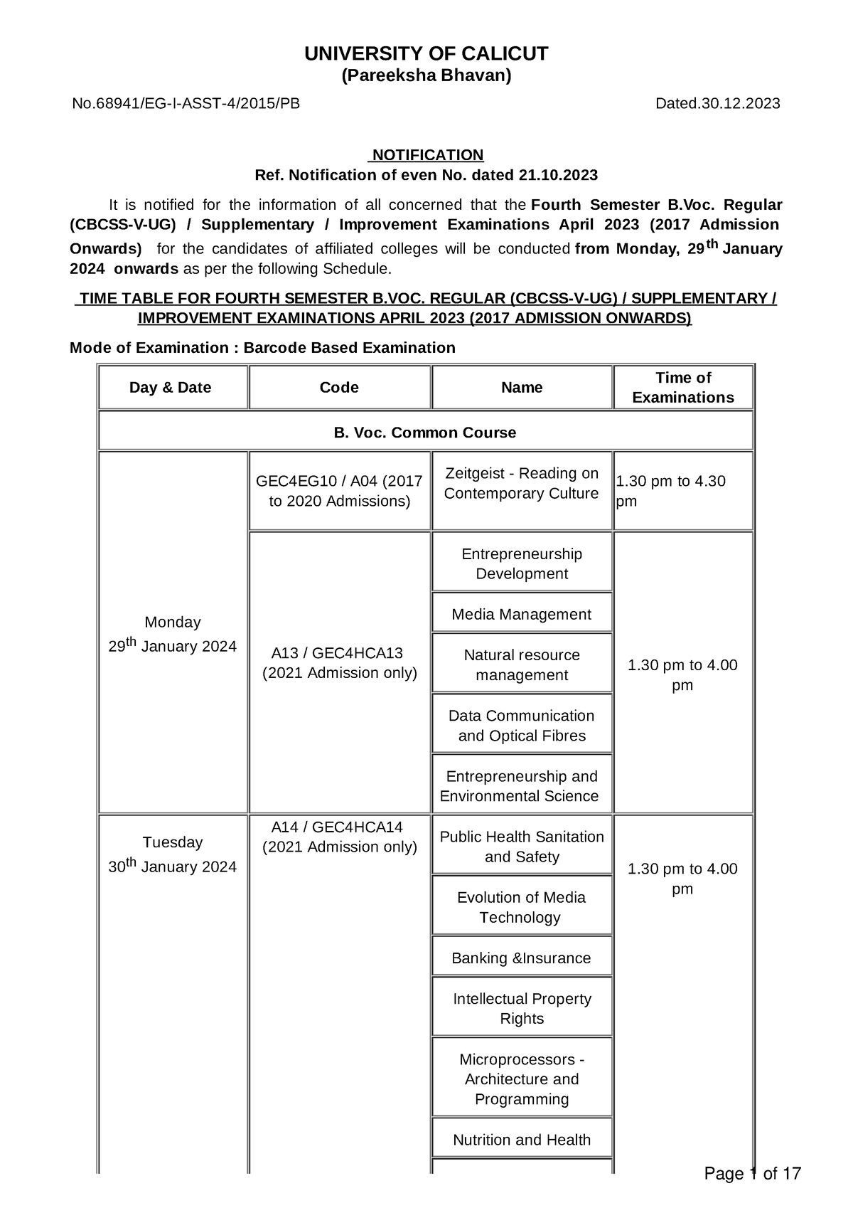 TIME Table Fourth Semester B.VOC. April 2023 - UNIVERSITY OF CALICUT ...