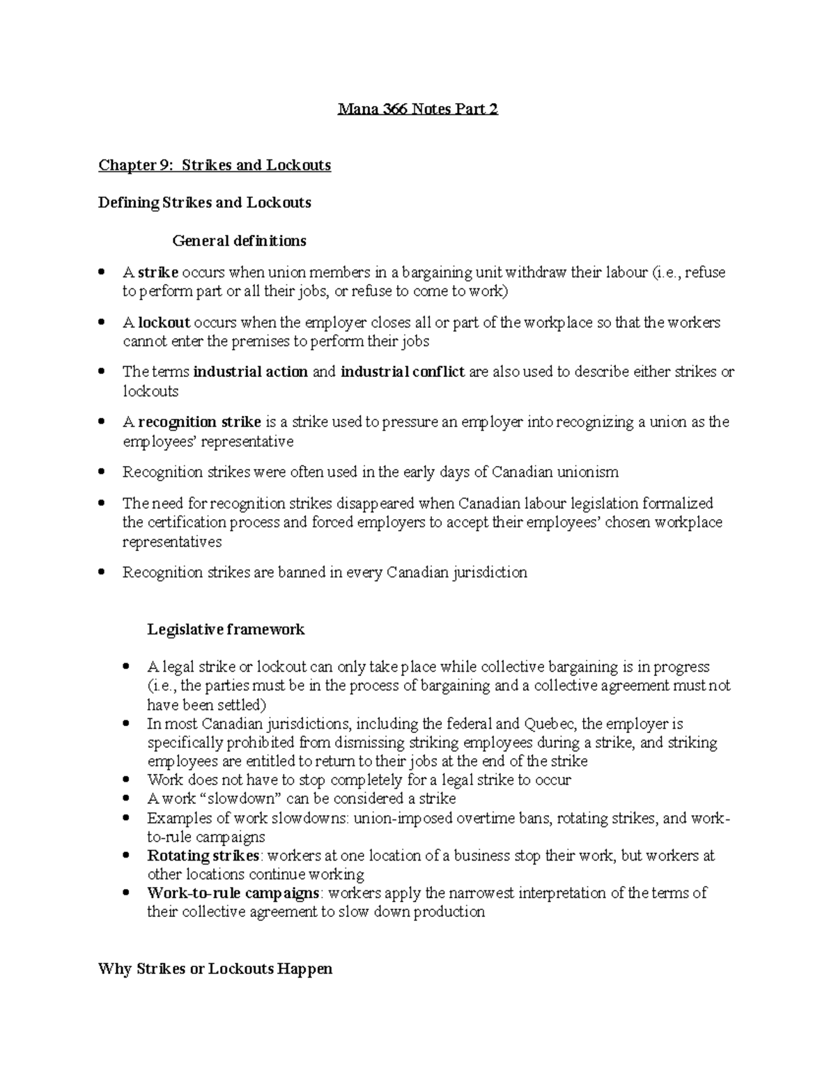 Mana 366 Notes Part 2 - Mana 366 Notes Part 2 Chapter 9: Strikes and ...