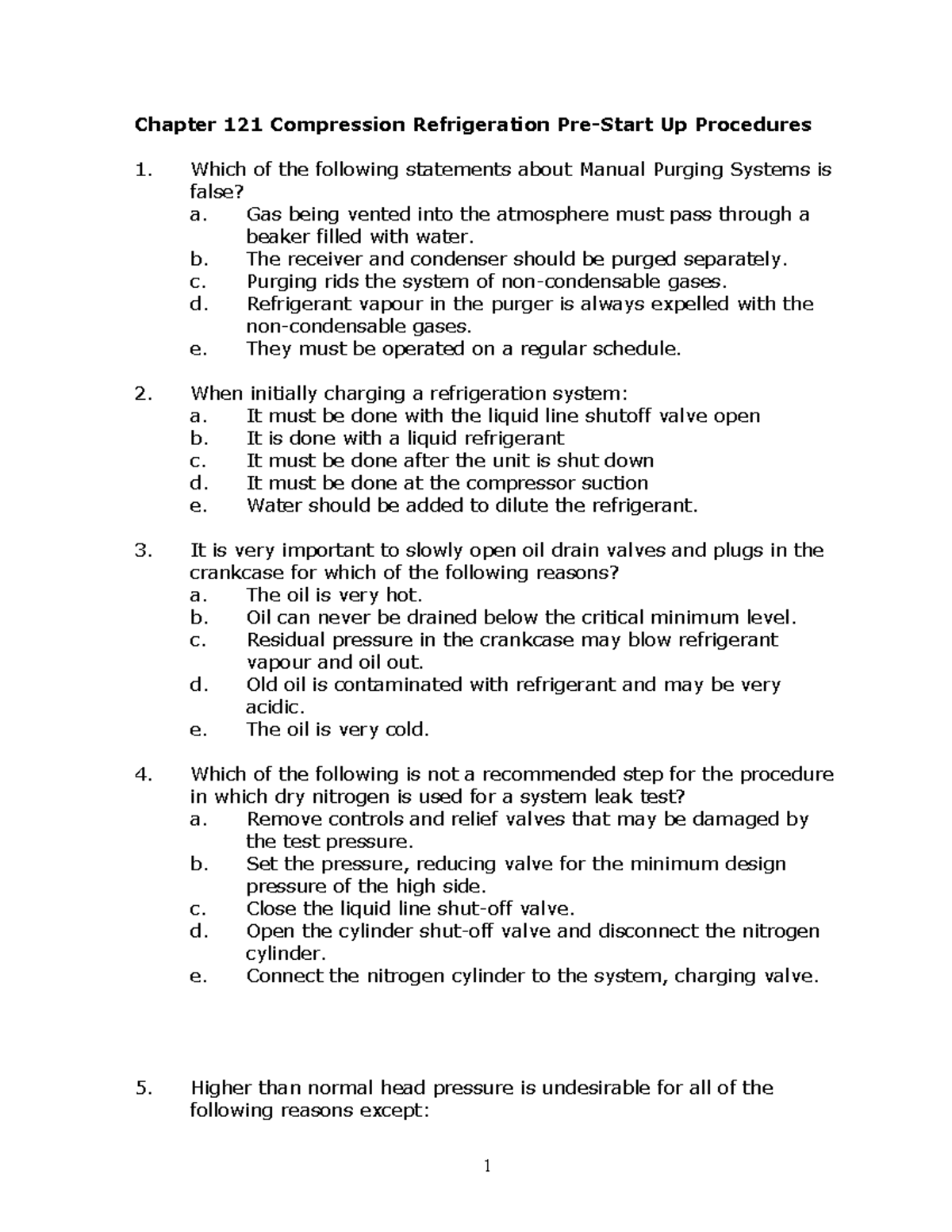 Exam 2009, questions - Chapter 121 Compression Refrigeration Pre-Start ...
