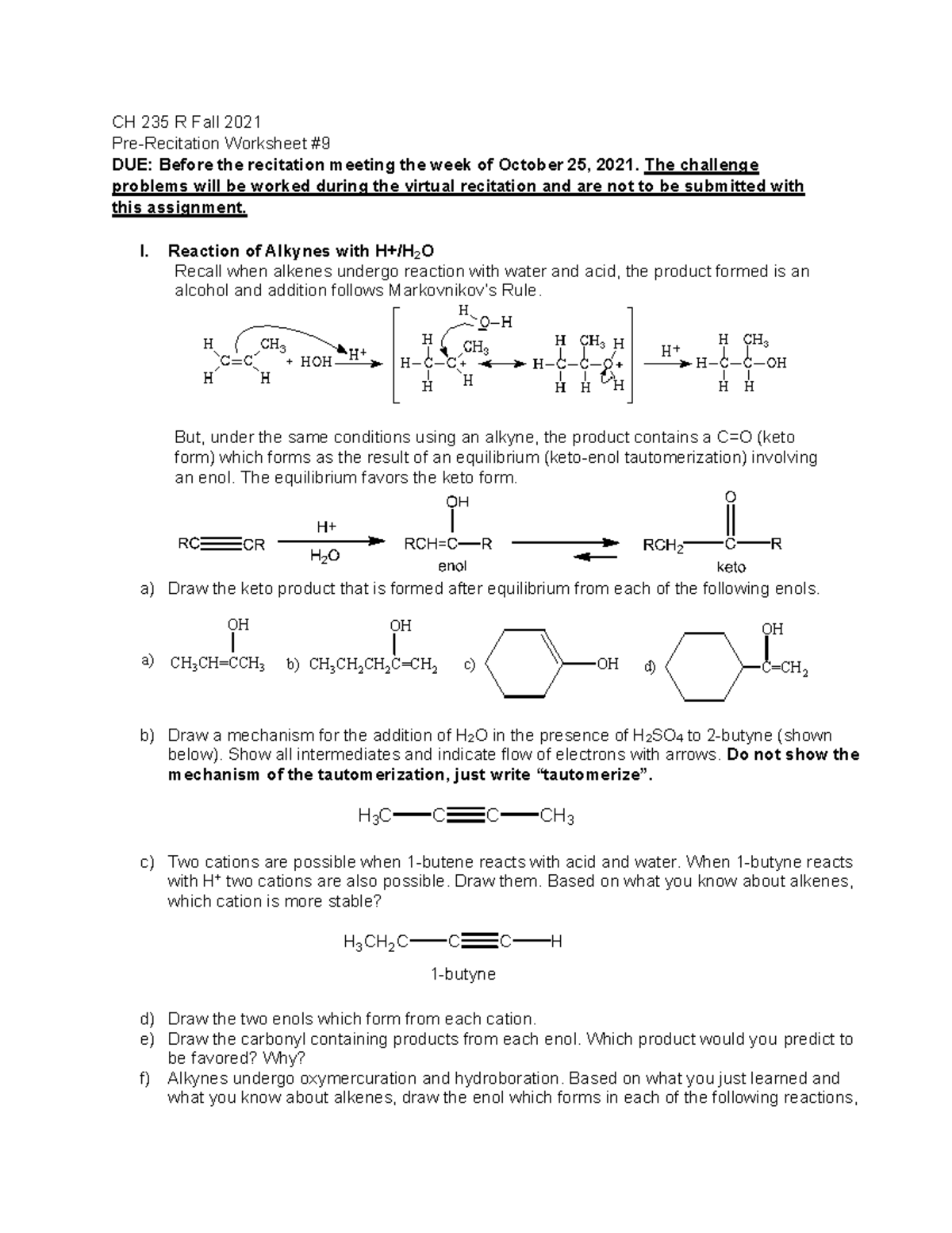 Recitation worksheet week 10 F2021 - CH 235 R Fall 2021 Pre-Recitation ...