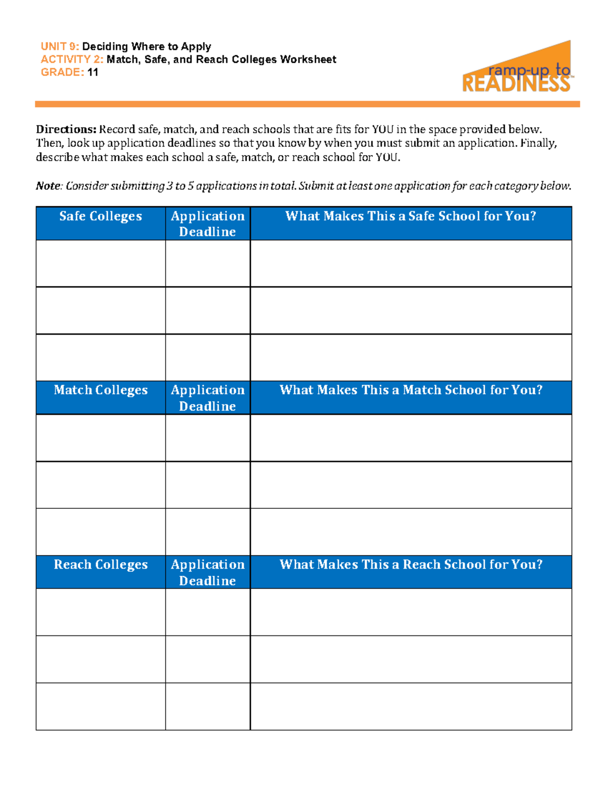 11 U9 A2 Match, Safe, and Reach Colleges Worksheet - UNIT 9 : Deciding ...