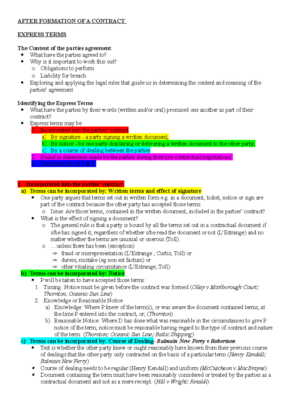 Contracts B- Express & Implied Terms And Frustration - AFTER FORMATION ...