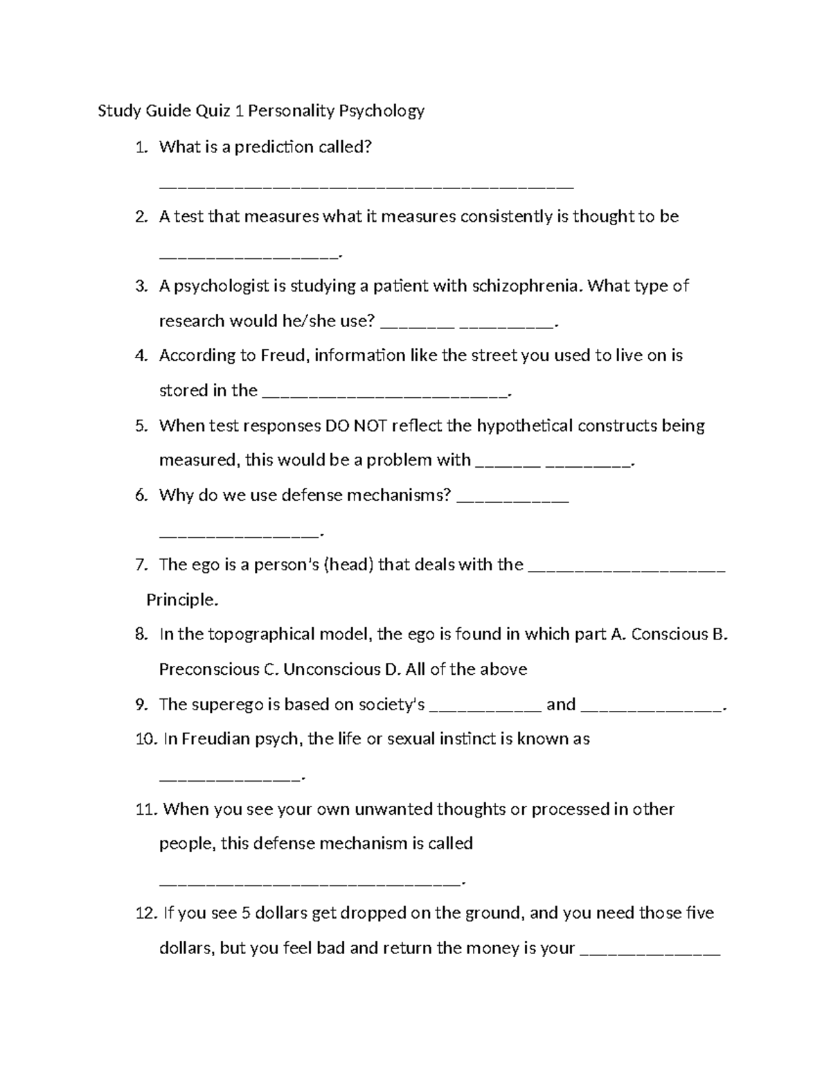 Study Guide Quiz 1 Personality - Study Guide Quiz 1 Personality ...