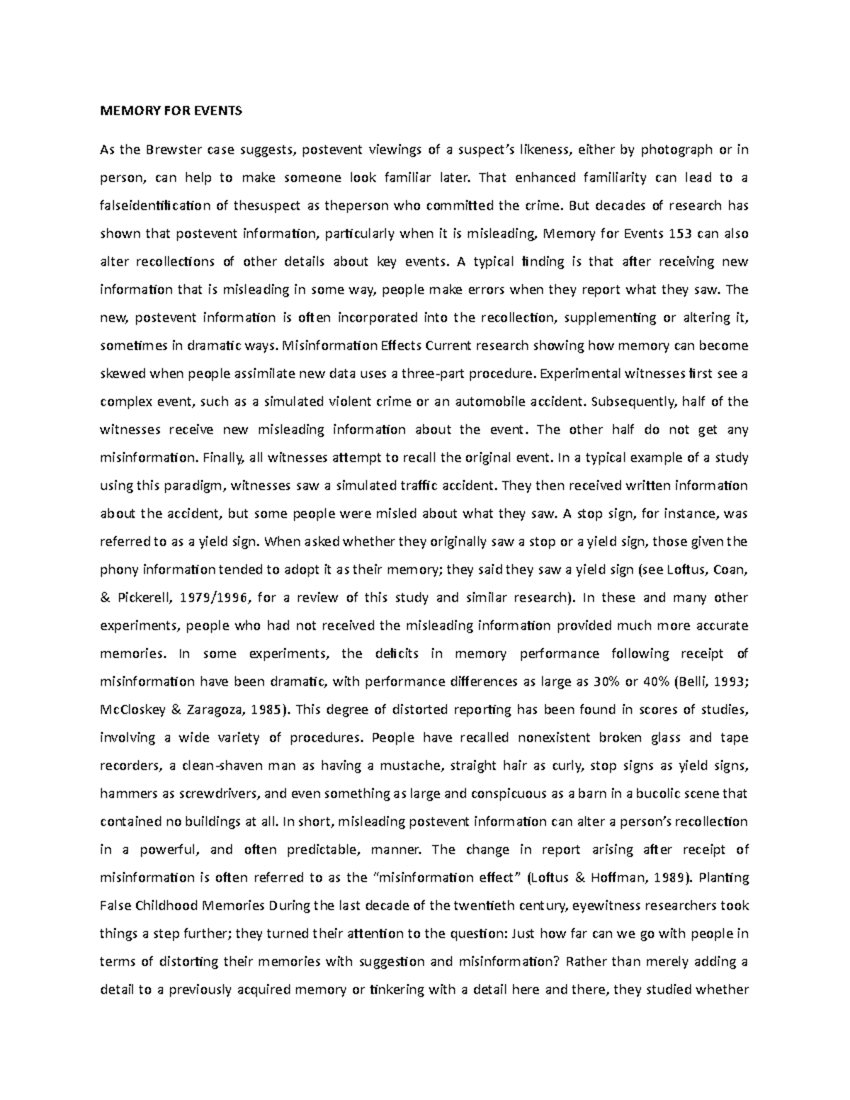 Memory FOR Events - MEMORY FOR EVENTS As the Brewster case suggests ...