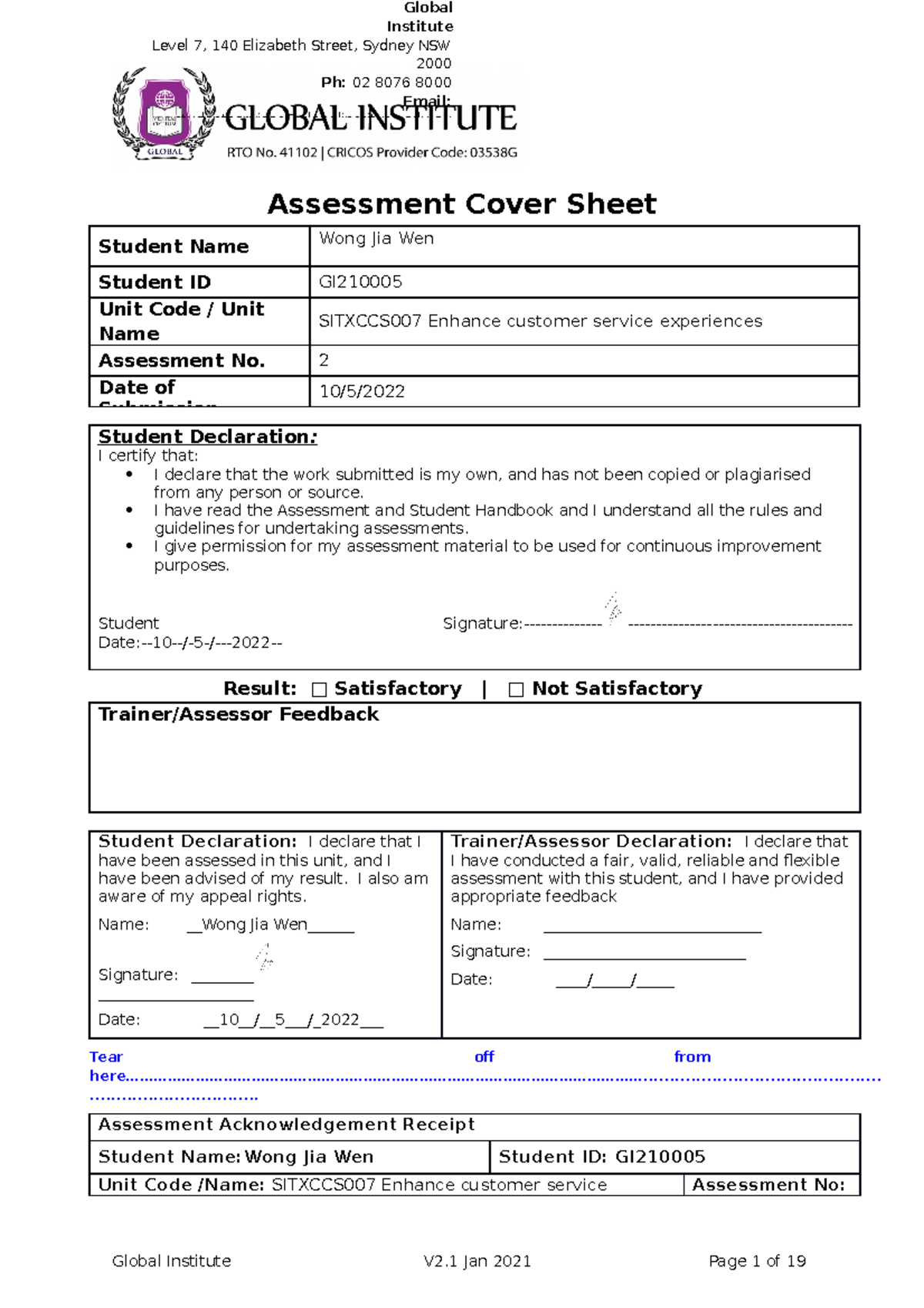 Sitxccs 007 Assessment Task 2 Global V2.0 - Assessment Cover Sheet 