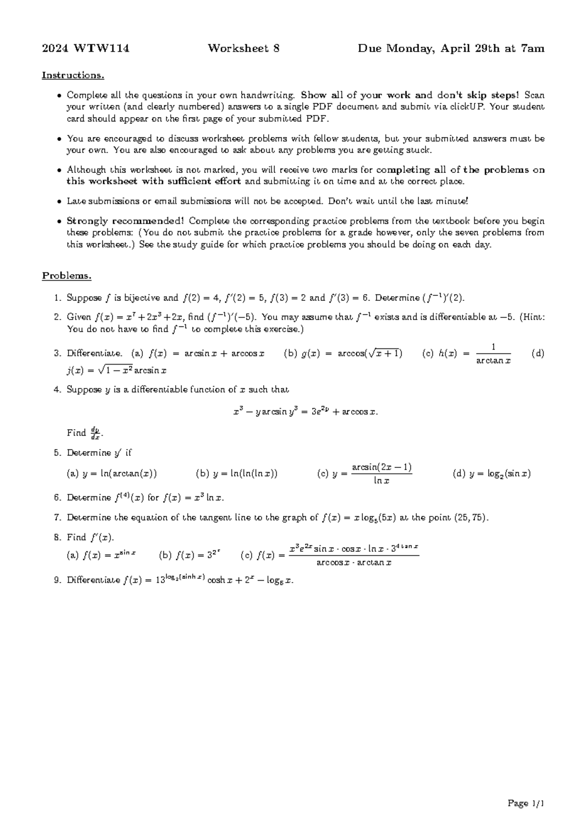 Worksheet 8 (Calculus practice) - 2024 WTW114 Worksheet 8 Due Monday ...