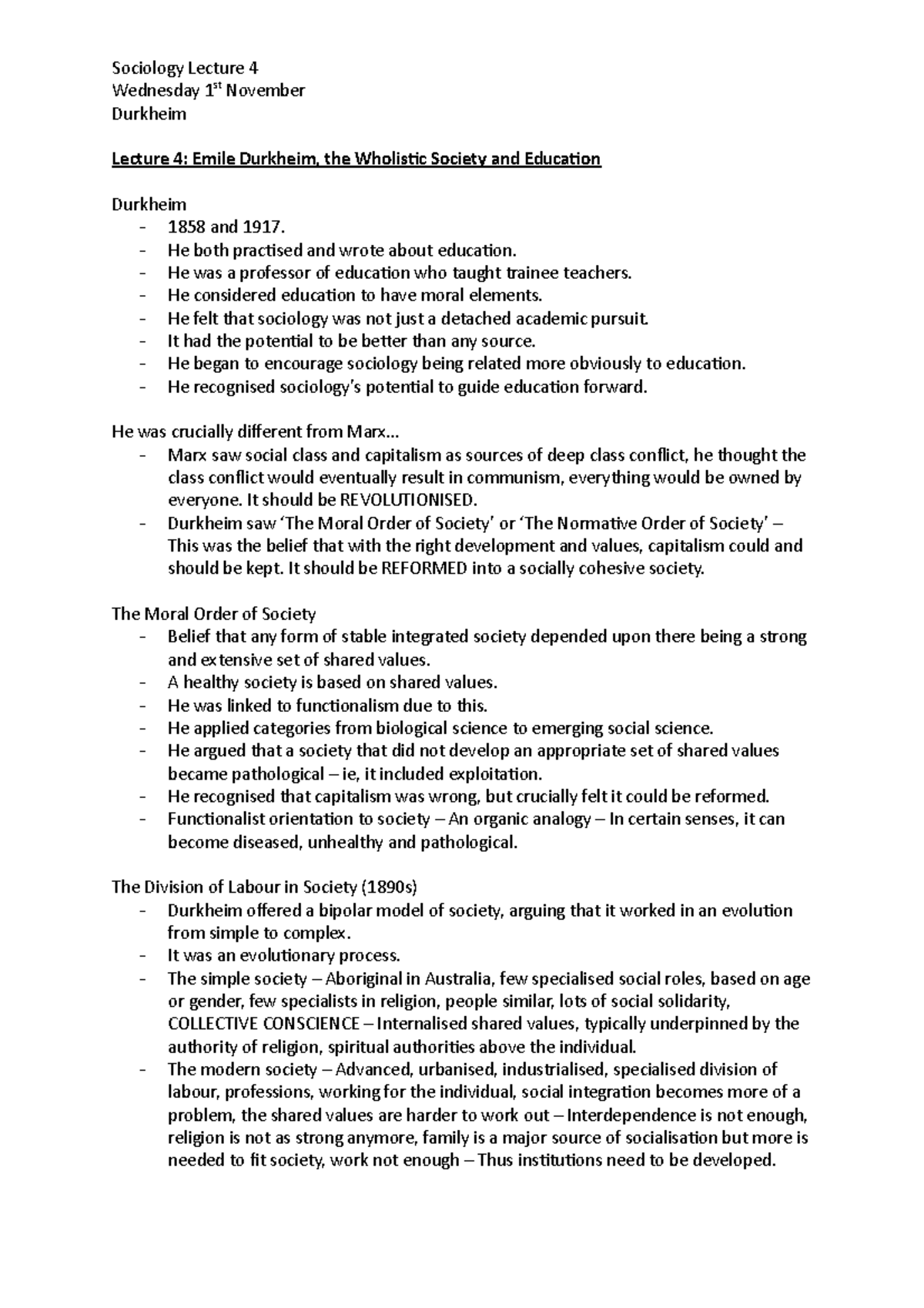 Sociology Lecture 4 - n/a - Sociology Lecture 4 Wednesday 1st November ...