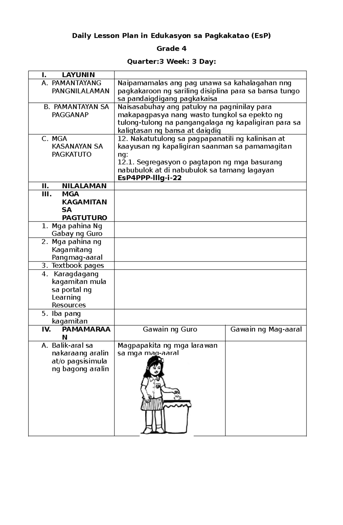 ESP Week 3 DLP - Daily Lesson Plan In (ESP) Edukasyon Sa Pagpapakatao ...