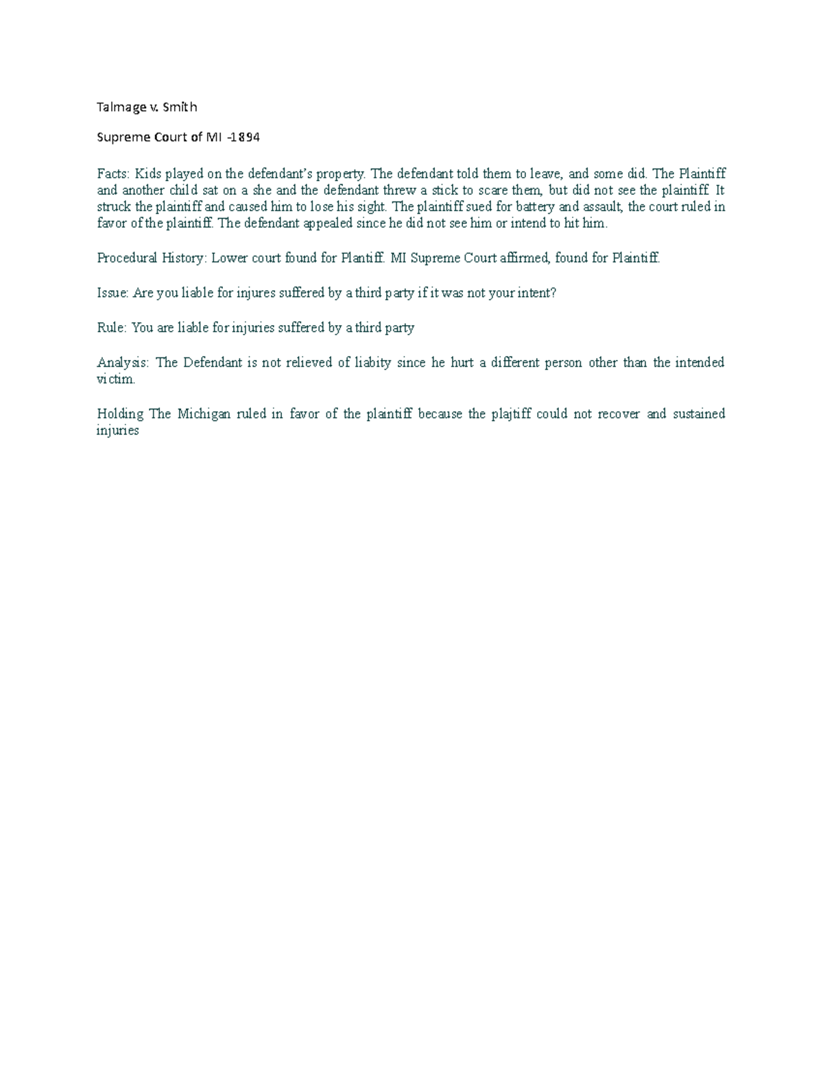 Talmage v Smith Talmage v. Smith Supreme Court of MI Facts Kids