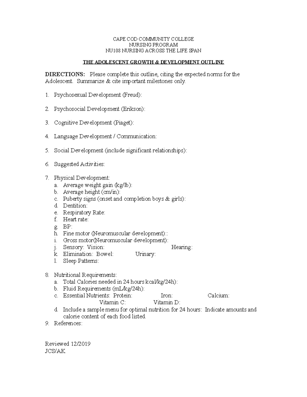 Adolescent Growth and Development Plan CAPE COD COMMUNITY COLLEGE