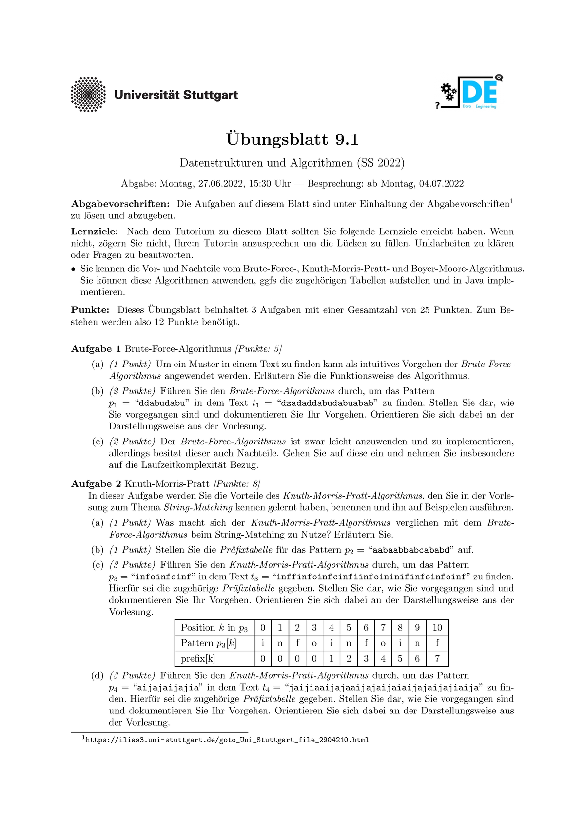 DSA Blatt 09 1 - Sommersemester - Ubungsblatt 9 ̈ Datenstrukturen Und ...