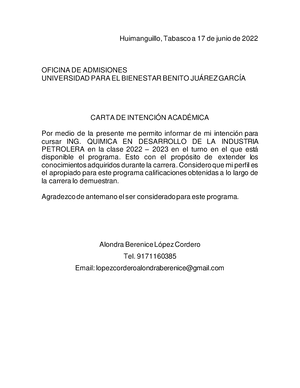 Carta DE Intención Académica - Huimanguillo, Tabasco a 17 de junio de 2022  OFICINA DE ADMISIONES - Studocu