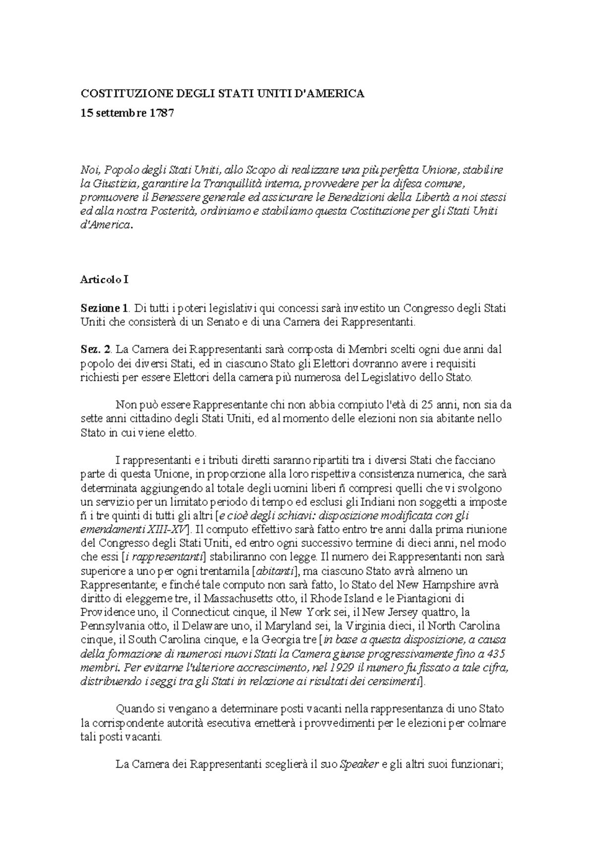 Costituzione USA 1787 Storia degli Stati Uniti d'America UniPi