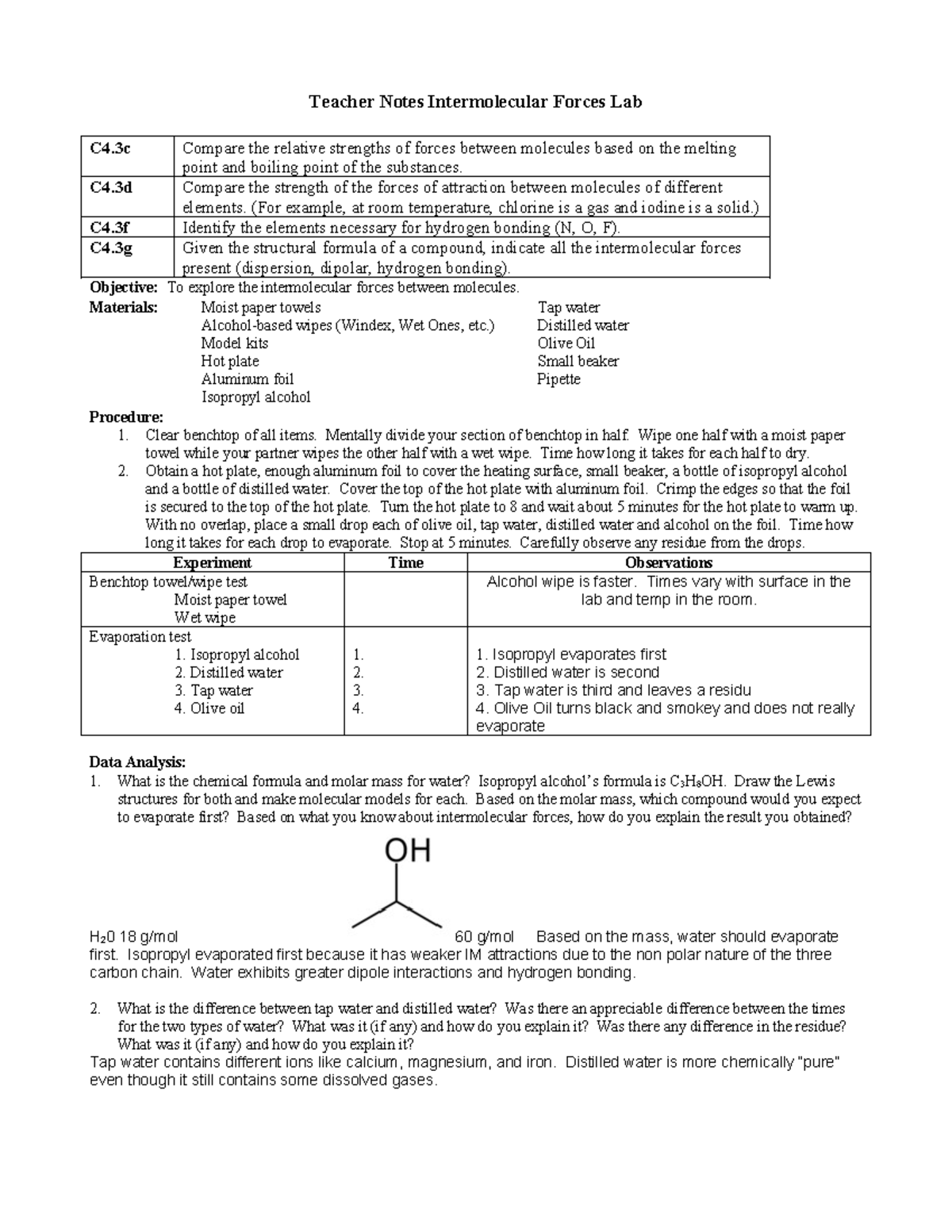 IMFLab Teacher Notes iMF Teacher Notes Intermolecular Forces Lab C4