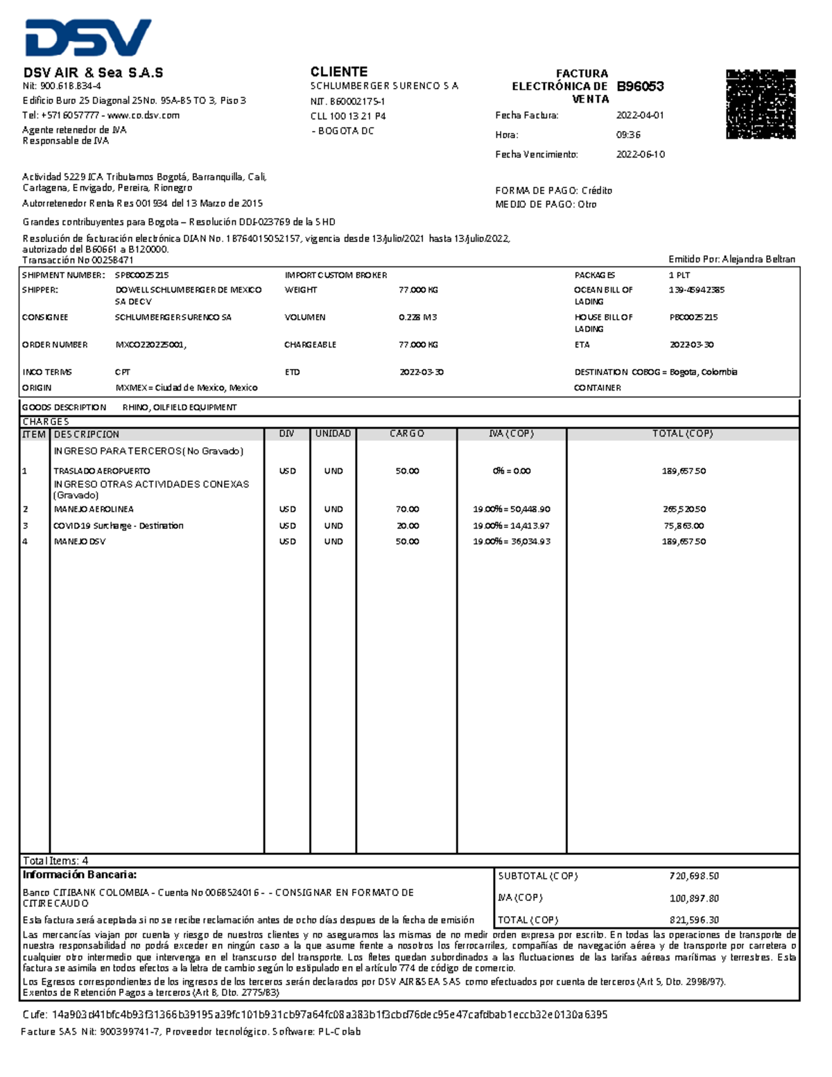 B96053 - N/A - DSV AIR & Sea S.A CLIENTE Nit: 900.618-4 S C HLUMBE R GE ...