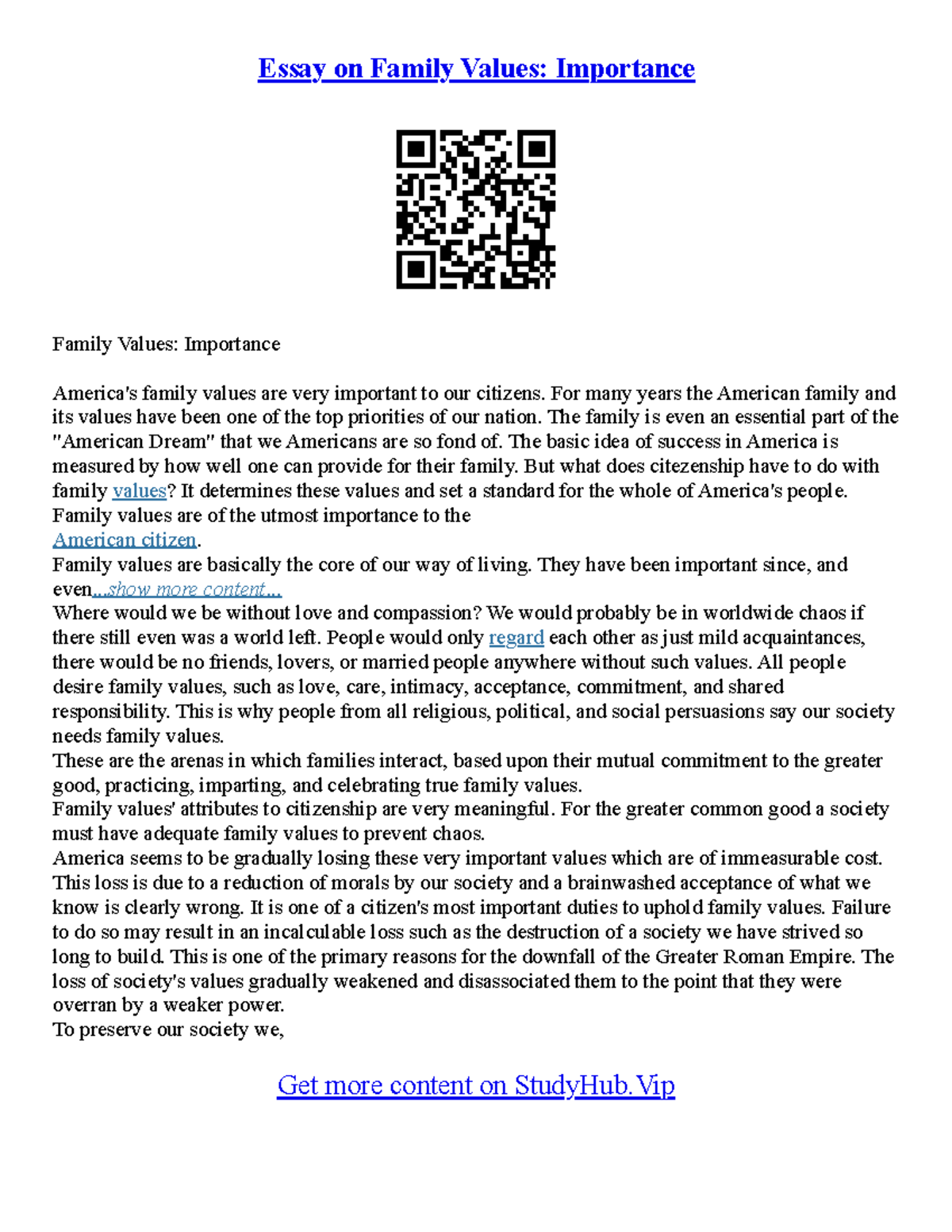 Essay On Family Values - For many years the American family and its ...