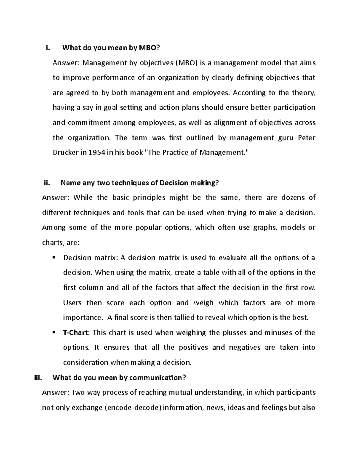 BBA 103 01 103 02 Q3 i. What do you mean by MBO? Answer