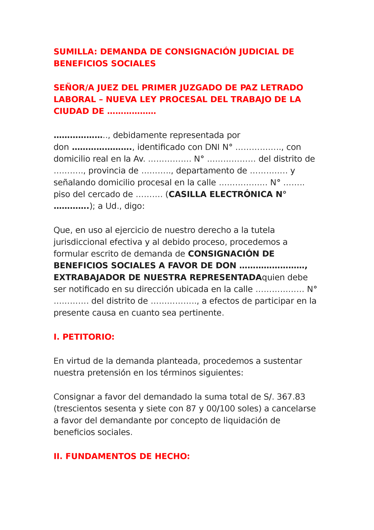 Demanda DE Consignación Judicial DE Beneficios Sociales - SUMILLA: DEMANDA  DE CONSIGNACIÓN JUDICIAL - Studocu