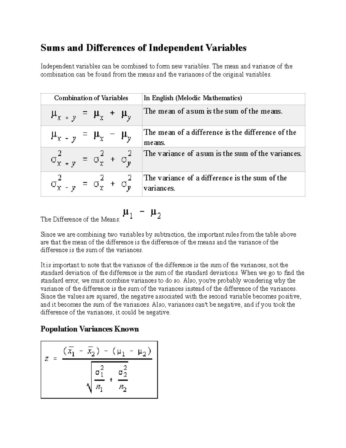 Stats 10 - independent samples class notes - Sums and Differences of ...