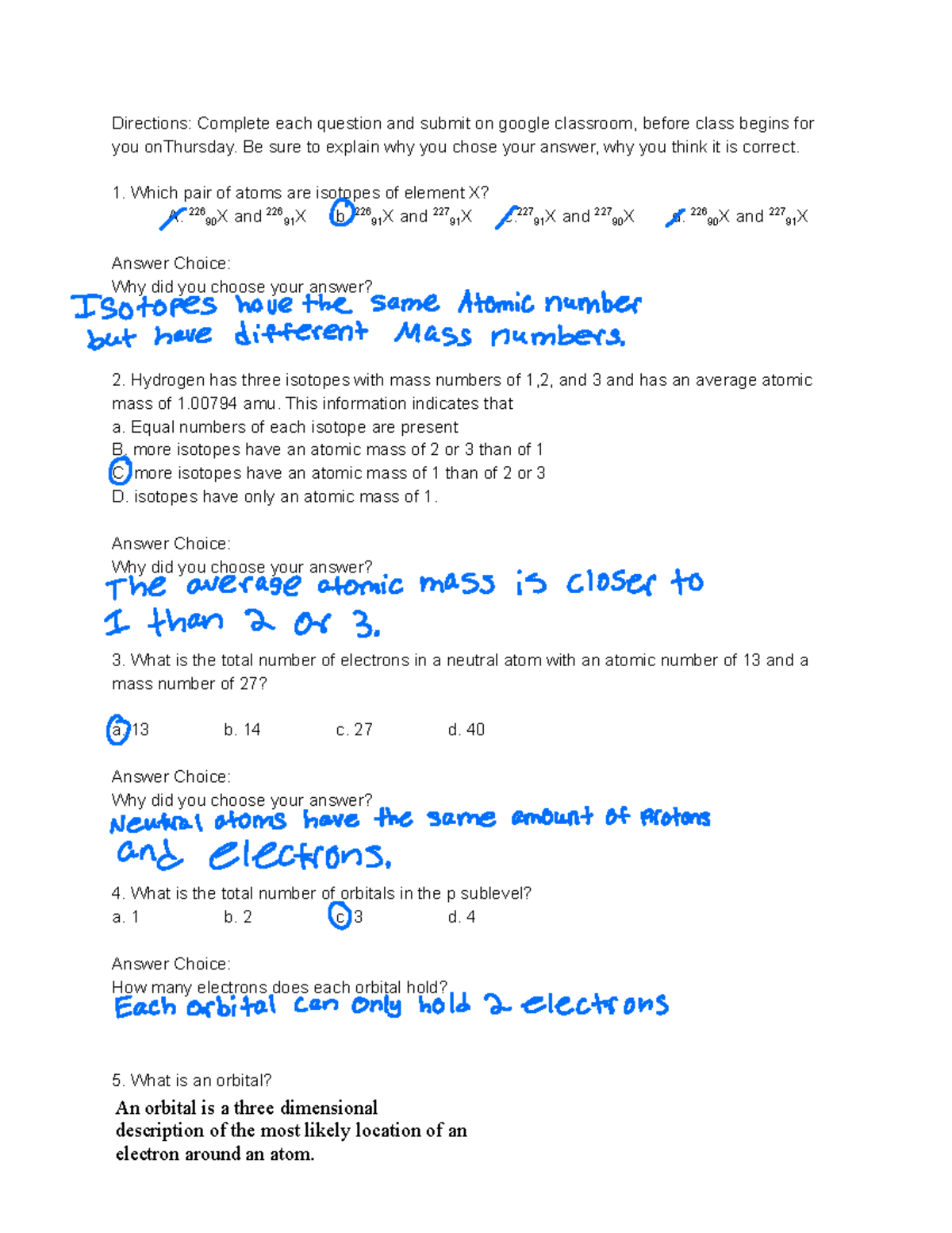 Atomic Structure Orbital Homework - Directions: Complete each question ...