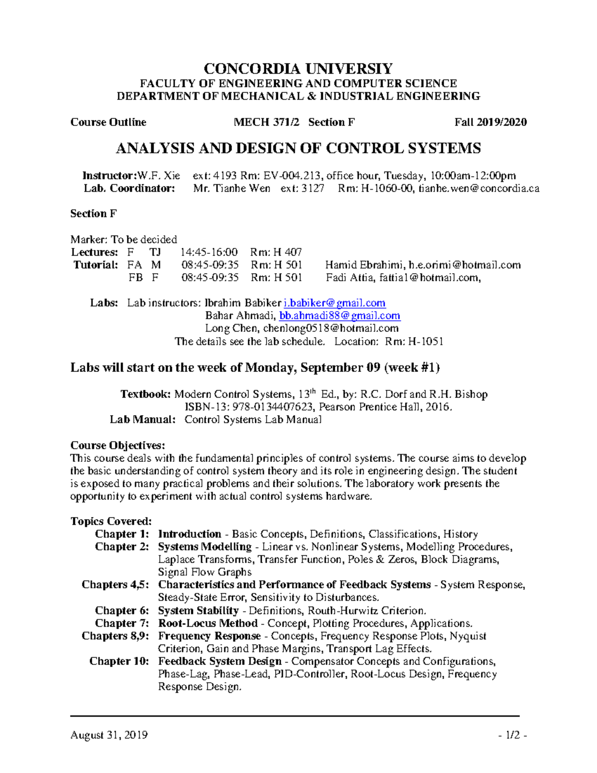 MECH371-Outline-2019 F Ceab - August 31, 2019 - 1/2 - CONCORDIA ...