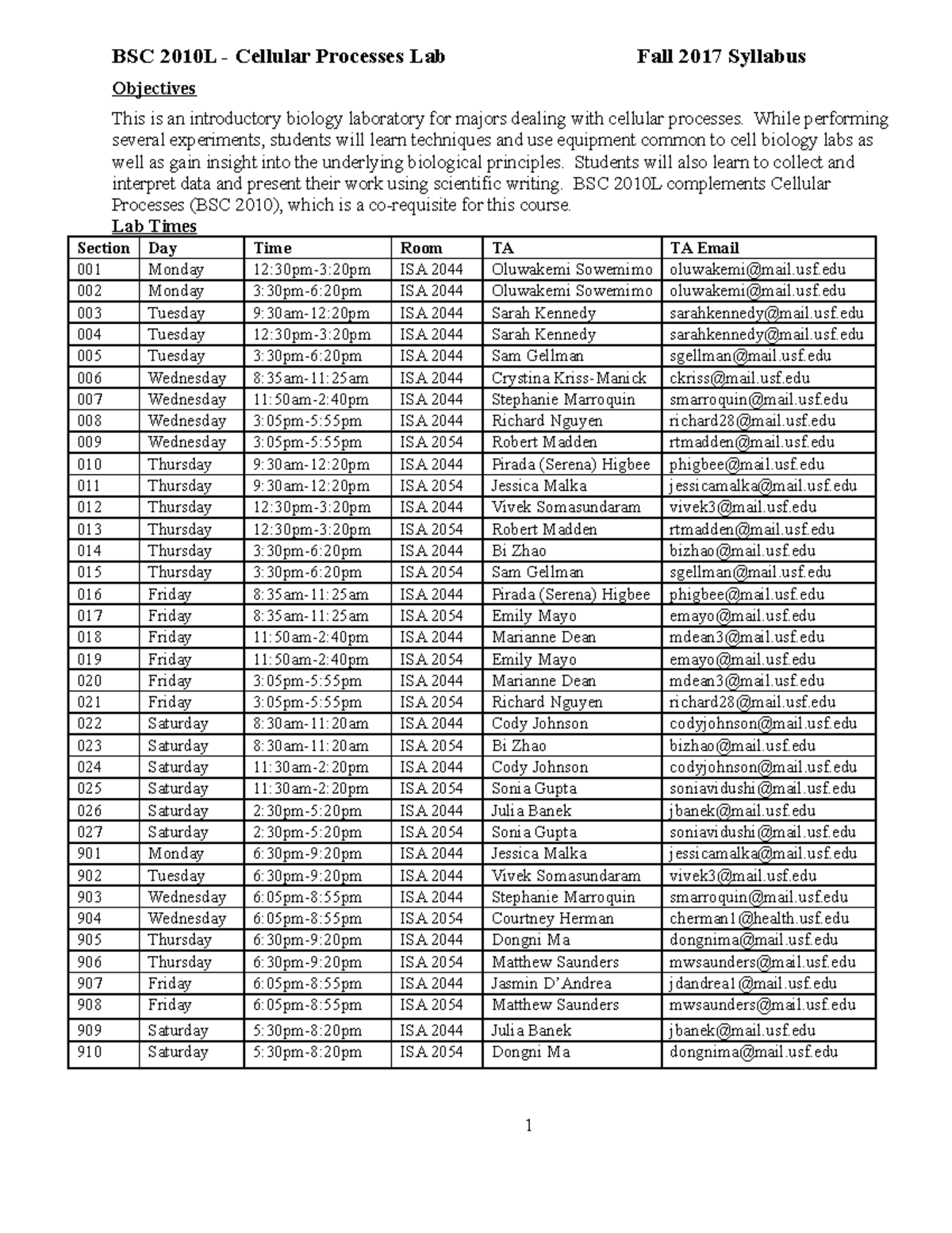 Hurricaned FA17 Syllabus BSC2010 L - BSC 2010L - Cellular Processes Lab ...