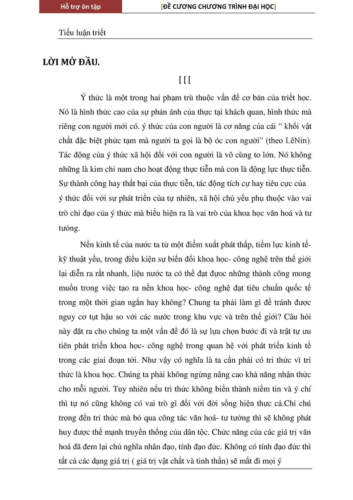 Tiểu luận triết học Ý thức và vai trò của tri thức trong đời sống xã hội - Tiểu luận triết LỜI MỞ - Studocu