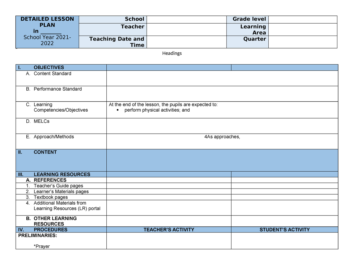 4As Detailed Lesson PLAN - Headings DETAILED LESSON PLAN In ...