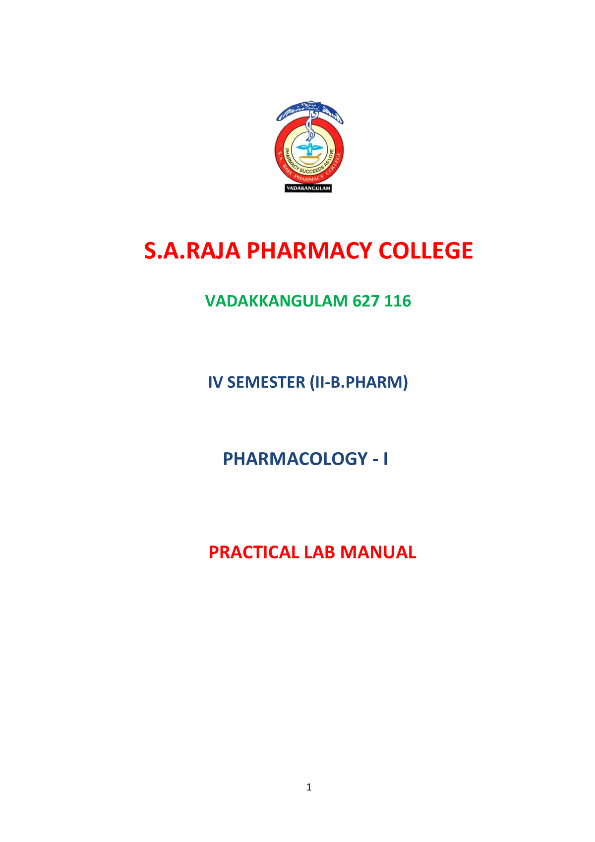 Pharmacology Lab Manual B Pharmacy Course - S.A PHARMACY COLLEGE ...